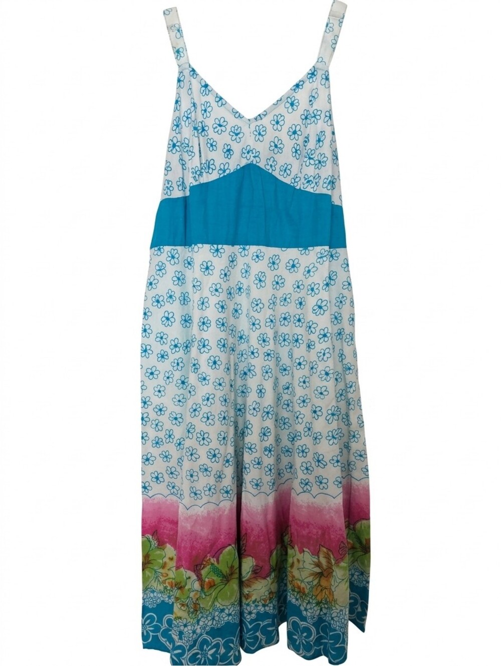 Raja Vintage  Blue & White Floral Printed Maxi Dress with Pink Border O/S